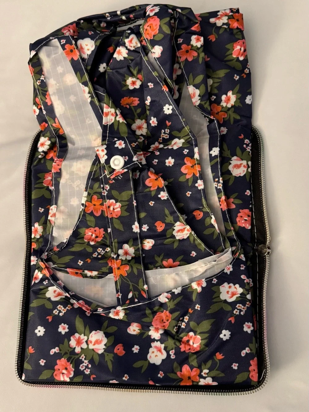 Foldable Reusable Shopping Tote Bag Navy Floral Zip Pouch Eco Grocery